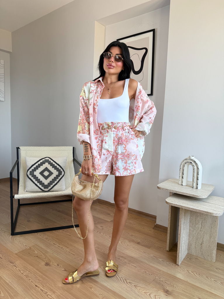 PEMBE  ETNİK DESEN GOLD KEMERLİ ŞORT GÖMLEK TAKIM (ŞORT BELİ DARDIR)