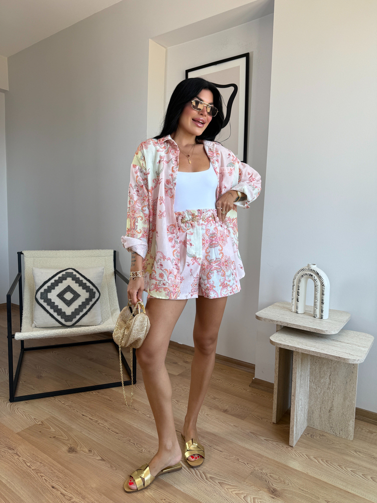 PEMBE  ETNİK DESEN GOLD KEMERLİ ŞORT GÖMLEK TAKIM (ŞORT BELİ DARDIR)