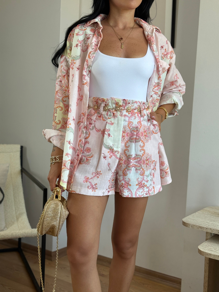PEMBE  ETNİK DESEN GOLD KEMERLİ ŞORT GÖMLEK TAKIM (ŞORT BELİ DARDIR)