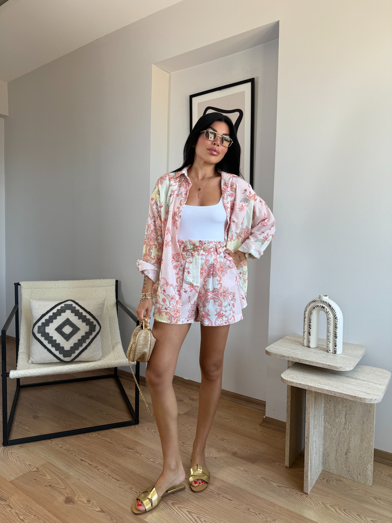 PEMBE  ETNİK DESEN GOLD KEMERLİ ŞORT GÖMLEK TAKIM (ŞORT BELİ DARDIR)