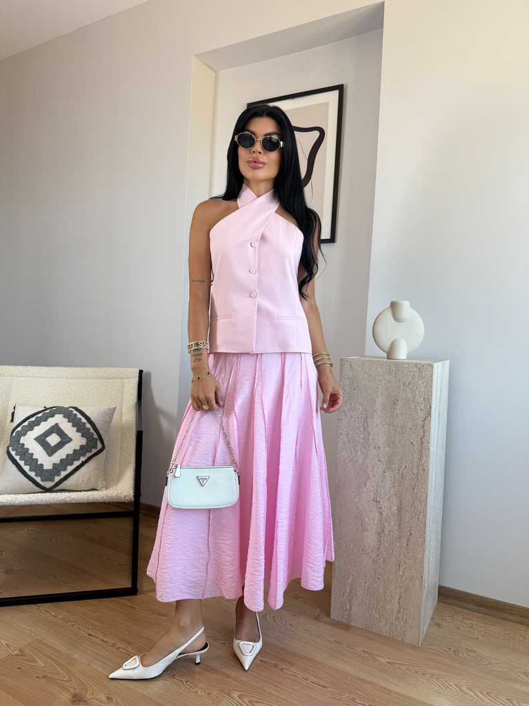 PEMBE HALTER YAKA DETAYLI SIRT DEKOLTELİ YELEK