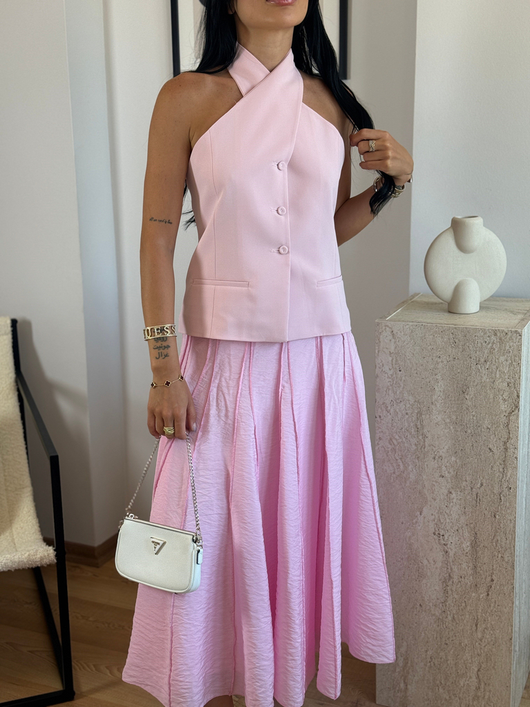 PEMBE HALTER YAKA DETAYLI SIRT DEKOLTELİ YELEK