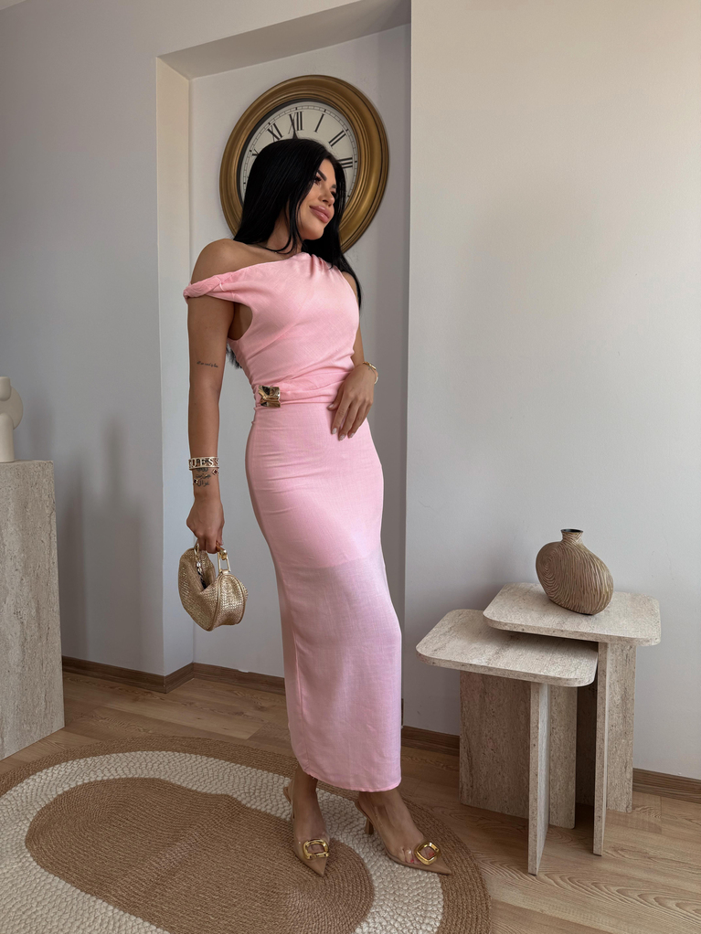 PEMBE KETEN DRAPE DETAYLI KALEM SLİM FİT ELBİSE