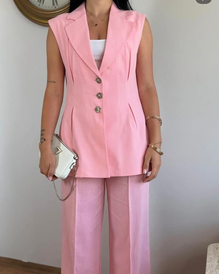 PEMBE KETEN PREMİUM YELEK PALAZZO TAKIM