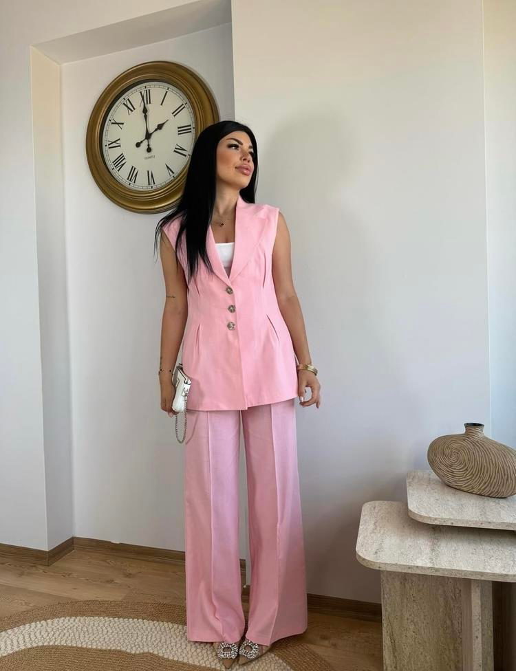 PEMBE KETEN PREMİUM YELEK PALAZZO TAKIM