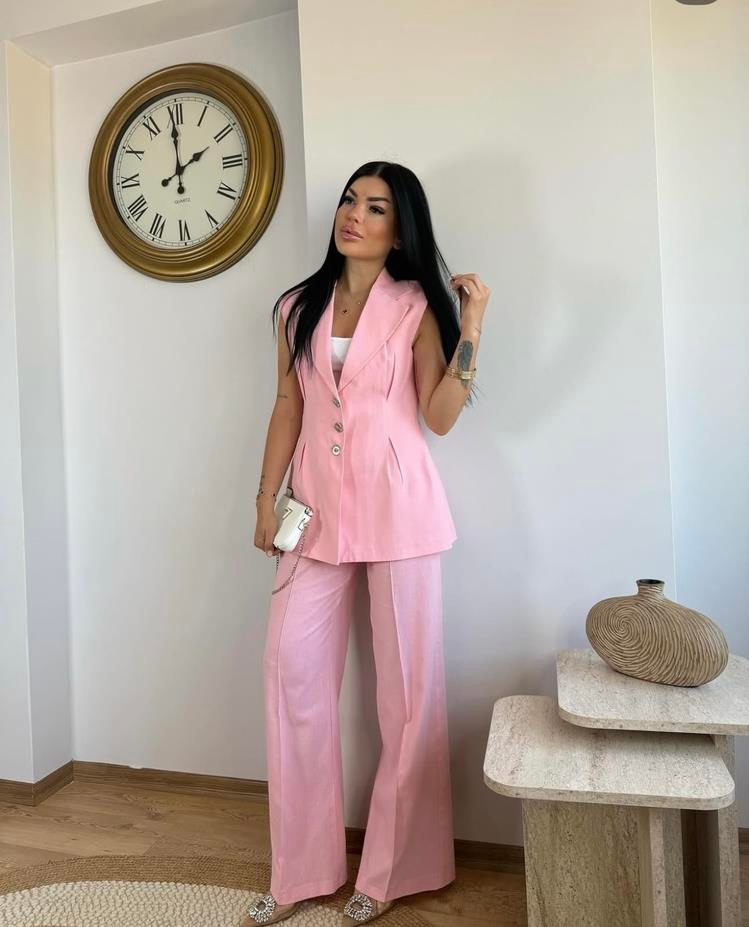 PEMBE KETEN PREMİUM YELEK PALAZZO TAKIM
