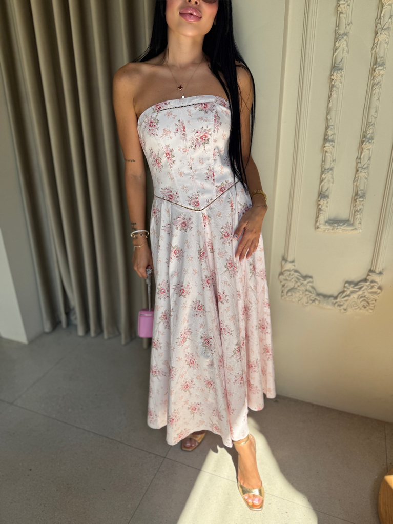 PEMBE LERA TASARIM STRAPLEZ DESENLİ ELBİSE