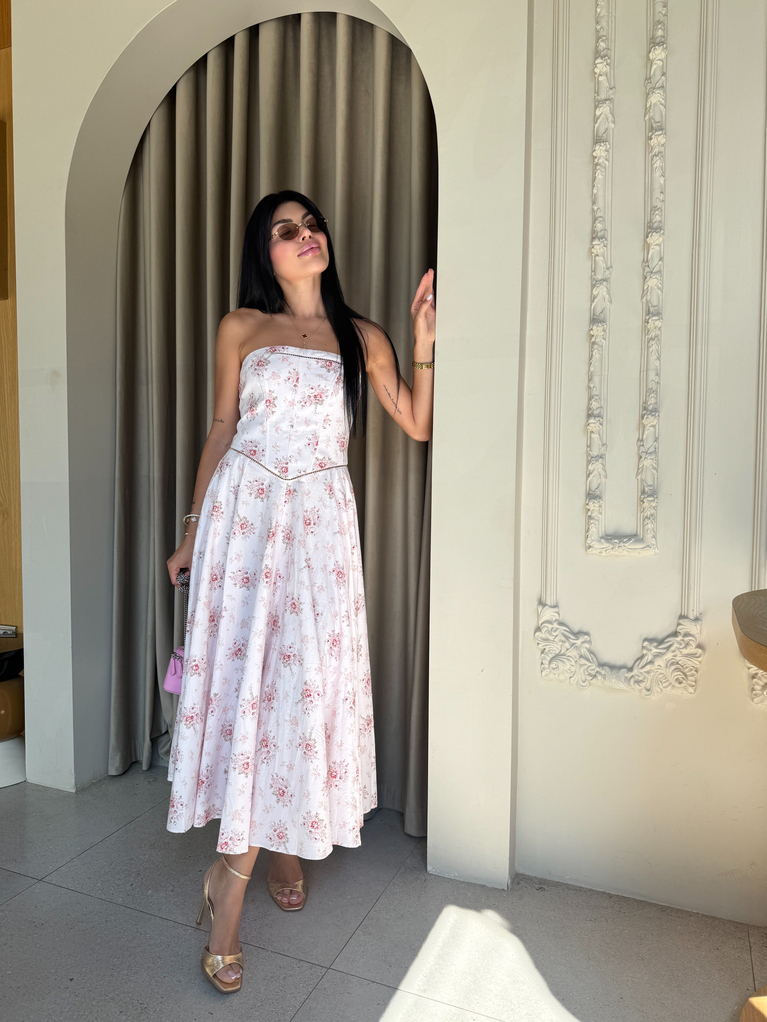 PEMBE LERA TASARIM STRAPLEZ DESENLİ ELBİSE