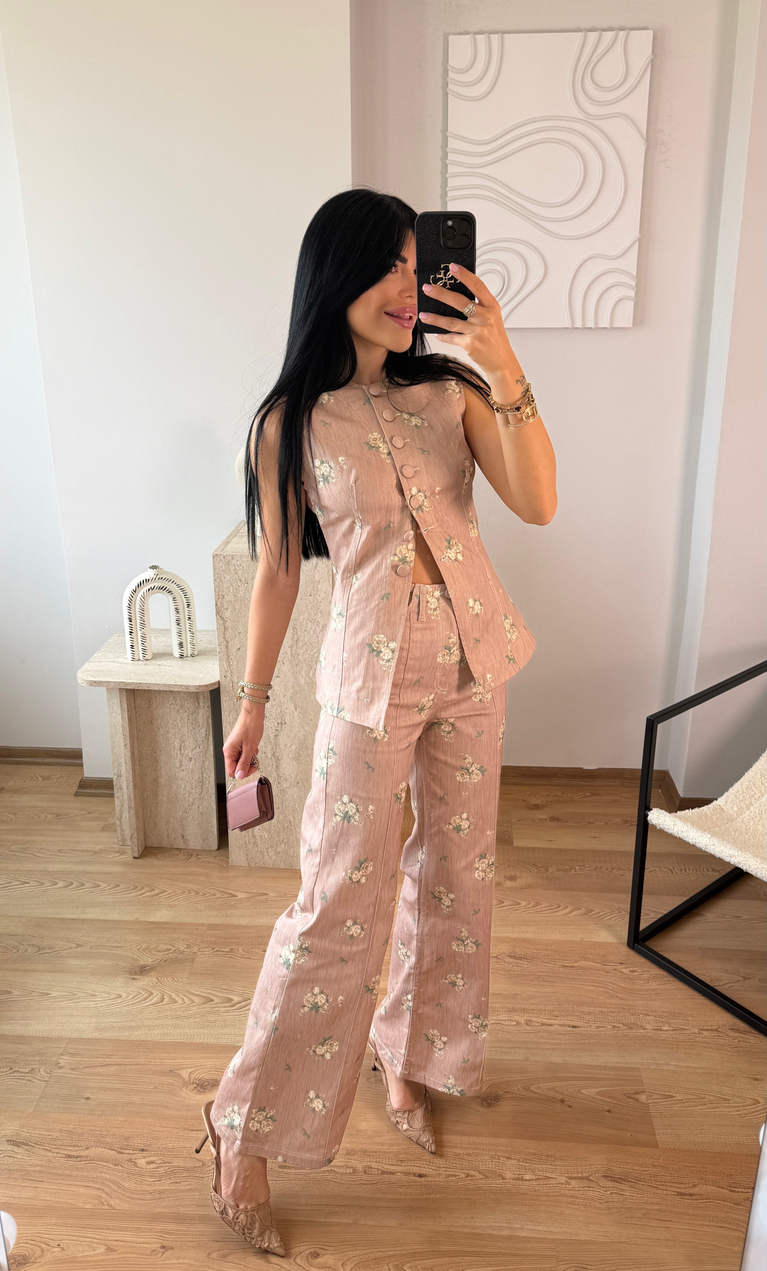 PUDRA SOFT ÇİÇEK DESENLİ YELEK TAKIM