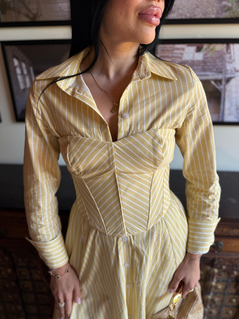 SARI ÇİZGİLİ KORSE CROP POPLİN