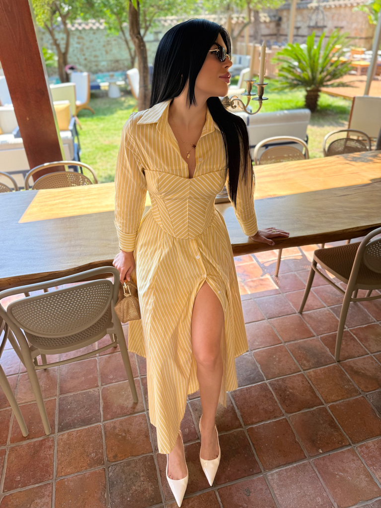 SARI ÇİZGİLİ KORSE CROP POPLİN