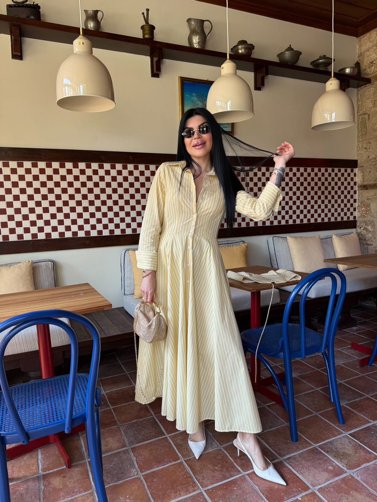SARI ÇİZGİLİ POPLİN GÖMLEK ELBİSE