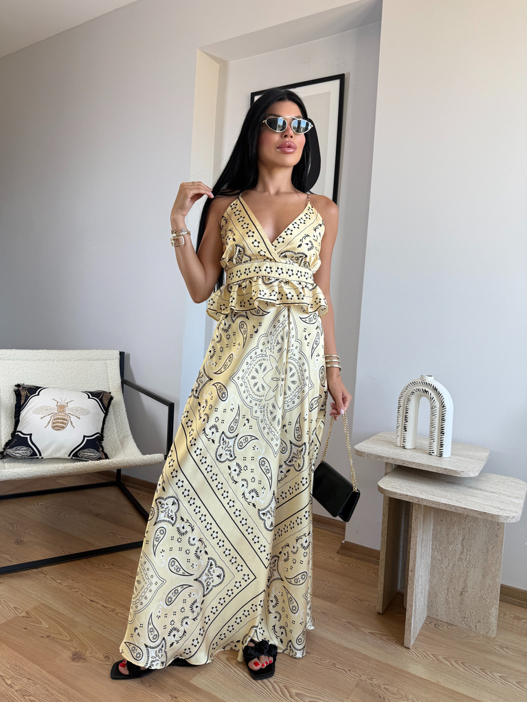 SARI  DESENLİ SATEN SIRT DEKOLTELİ ELBİSE