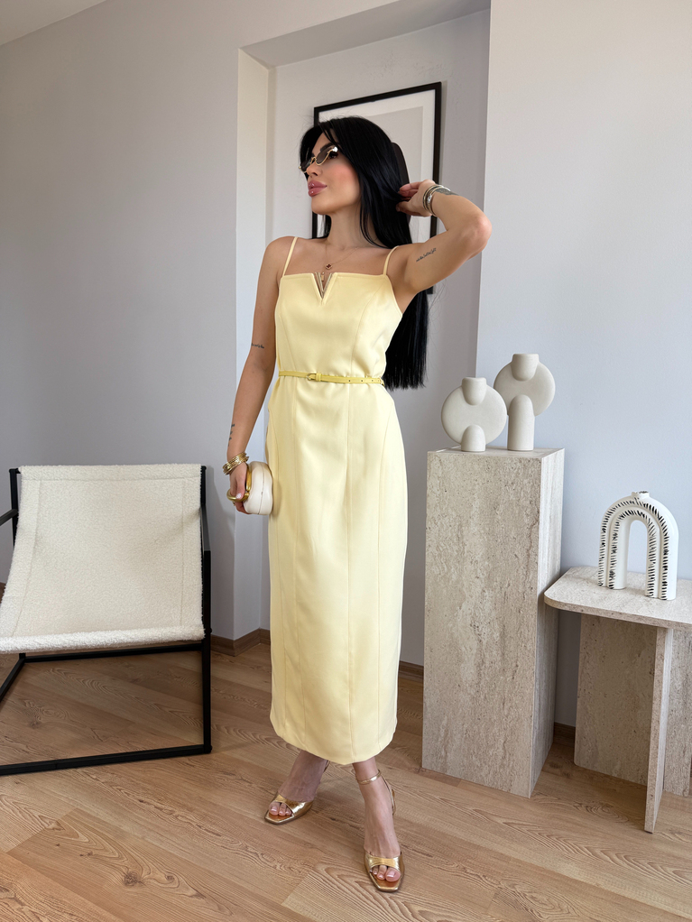 SARI NCTRN KEMERLİ KALEM ELBİSE ASTARLI