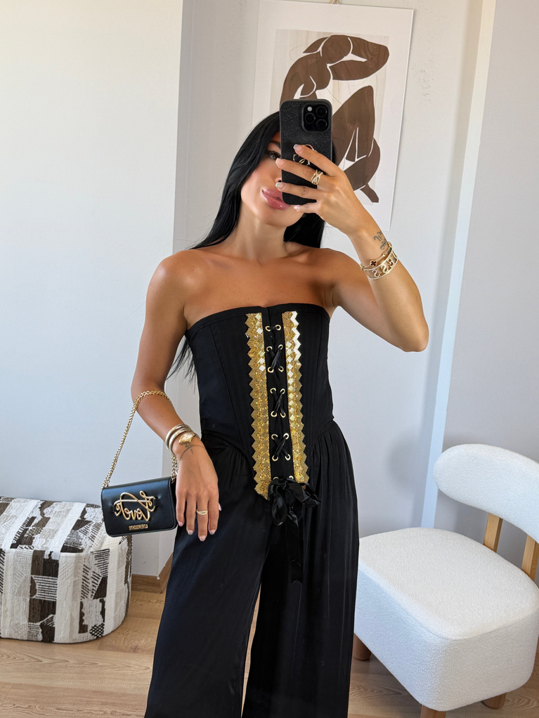 SİYAH GOLD TASARIM DETAYLI KORSE BLUZ
