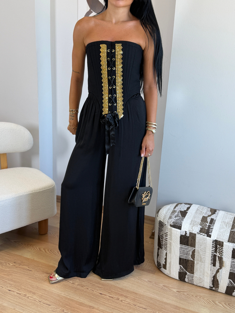 SİYAH GOLD TASARIM DETAYLI KORSE BLUZ