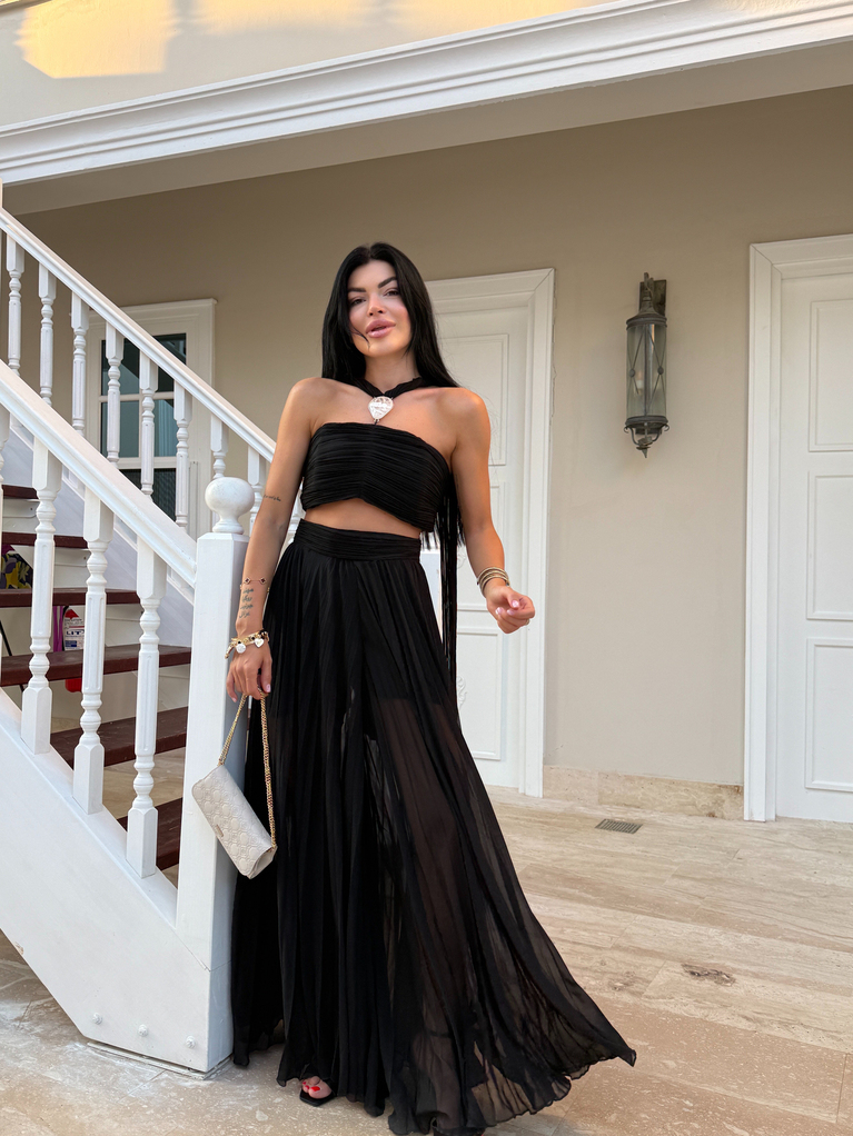 SİYAH NCTRN MODEL BÜSTİYER PİLİSELİ PANTOLON TAKIM