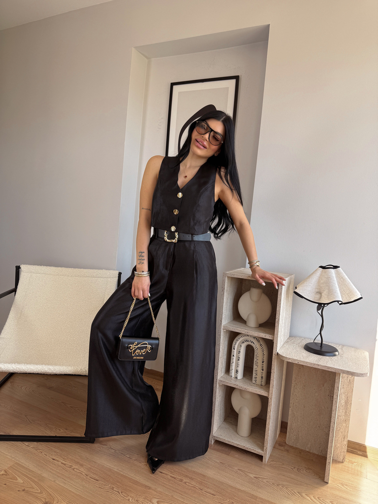 SİYAH SATEN GOLD DETAYLI YELEK VE KEMERLİ PALAZZO TAKIM