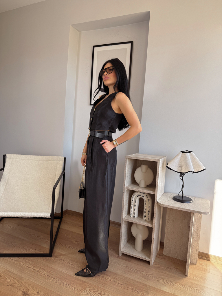 SİYAH SATEN GOLD DETAYLI YELEK VE KEMERLİ PALAZZO TAKIM