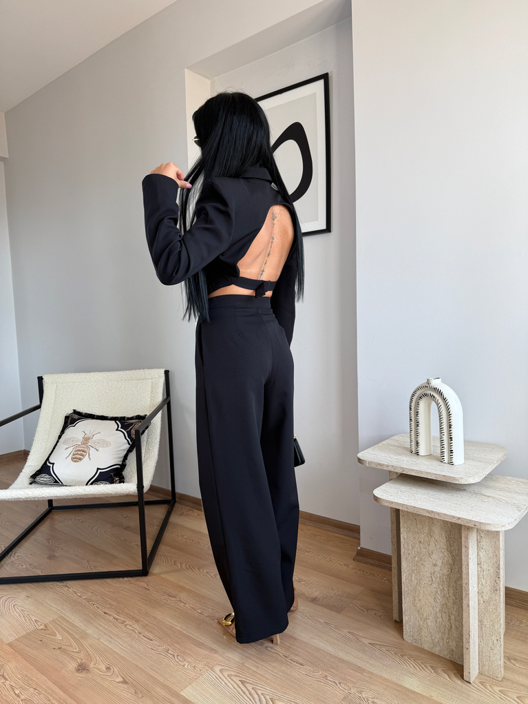 SİYAH TASARIM SIRT DEKOLTELİ CEKET PALAZZO TAKIM