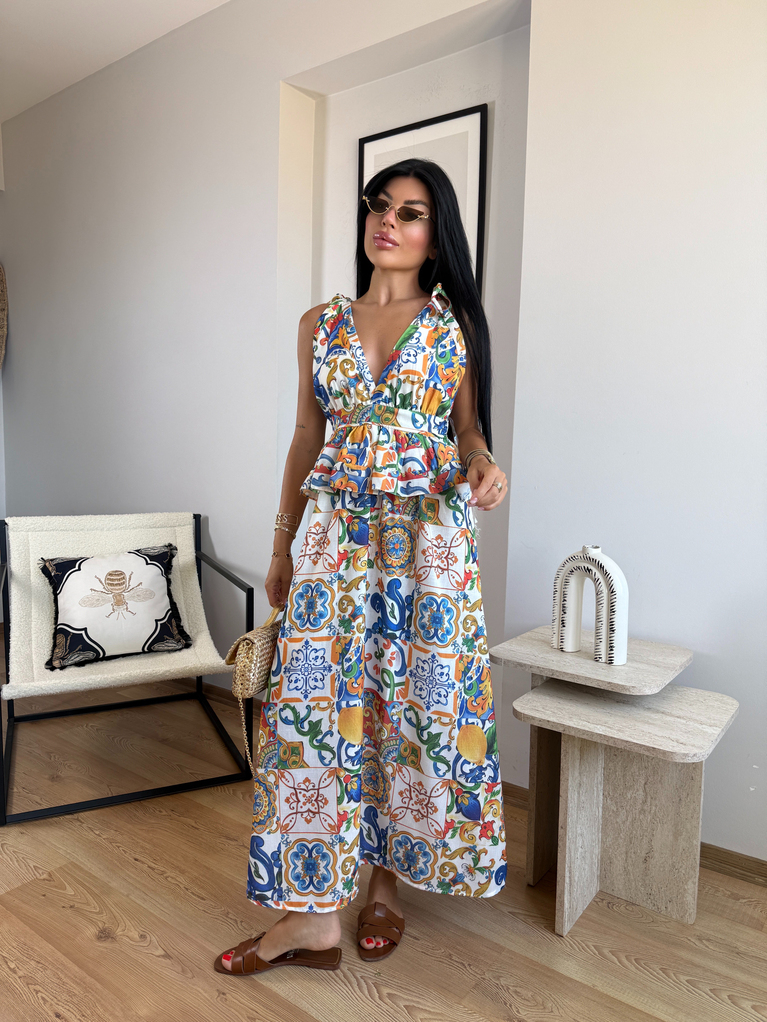 SUMMER DESENLİ BEL DETAYLI VE SIRT DEKOLTELİ KETEN  ELBİSE