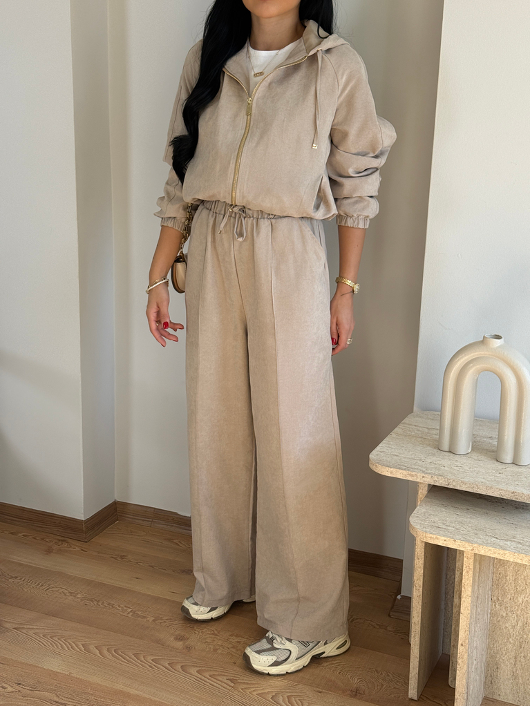 TAŞ RENGİ TENSEL BOMBER PANTOLON TAKIM (gold fermuarlı)