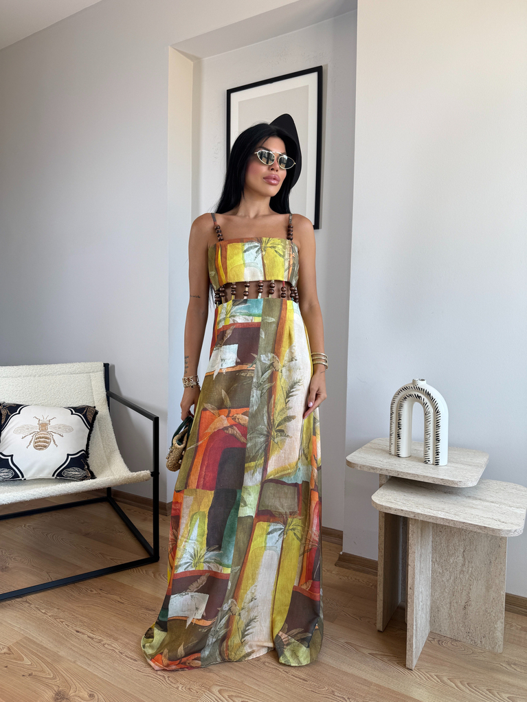 TROPİKCAL KETEN BONCUK DETAYLI MAXİ KETEN ELBİSE