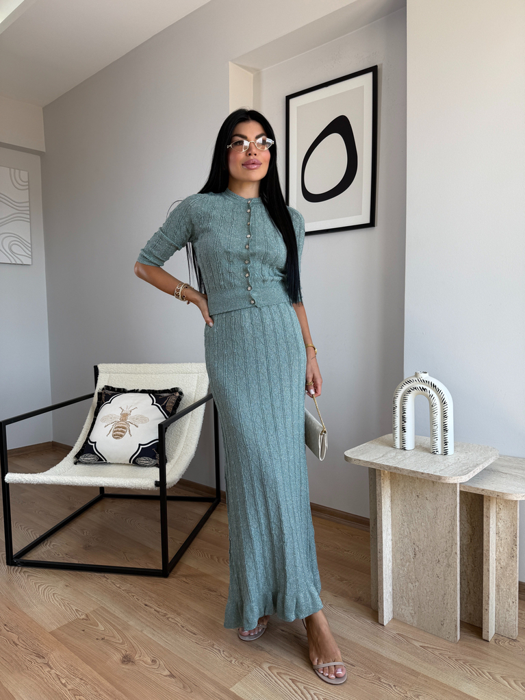 YEŞİL SİMLİ İNCE TRİKO HIRKA ETEK TAKIM (ASTARSIZ)