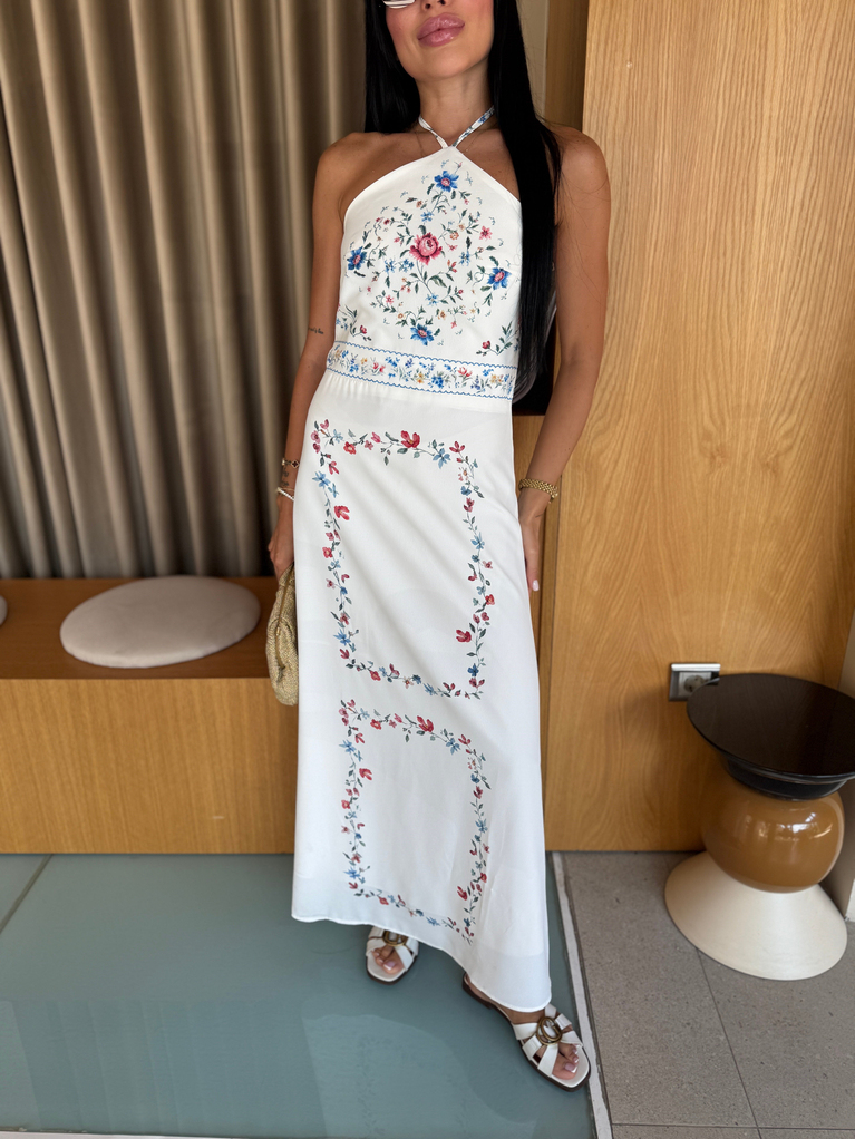 ZRA MODEL ÇİÇEK DESEN BOYUNDAN ELBİSE