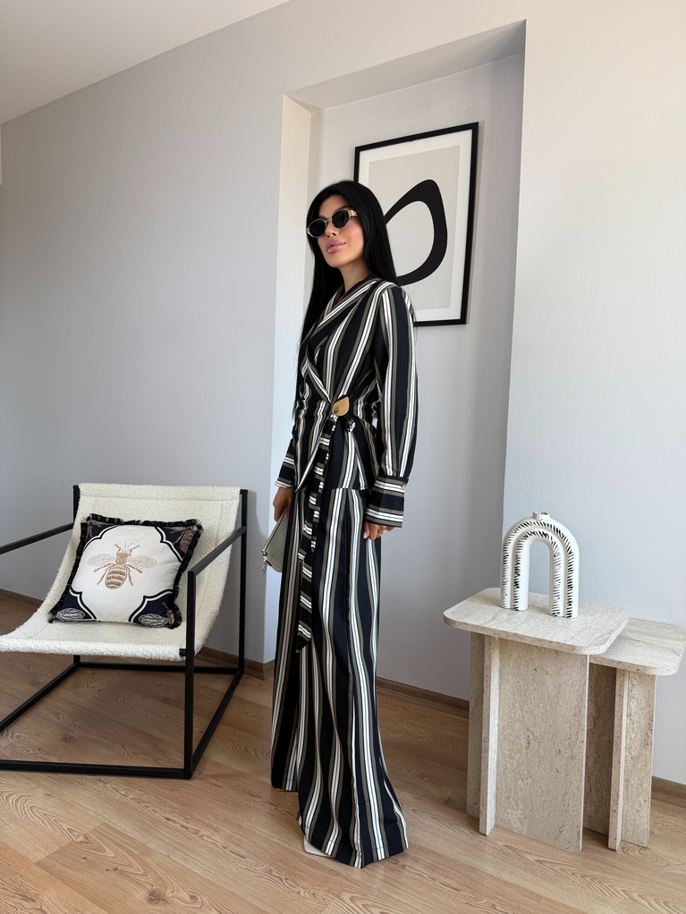 ZRA MODEL ÇİZGİLİ KRUVAZE CEKET PALAZZO TAKIM 
