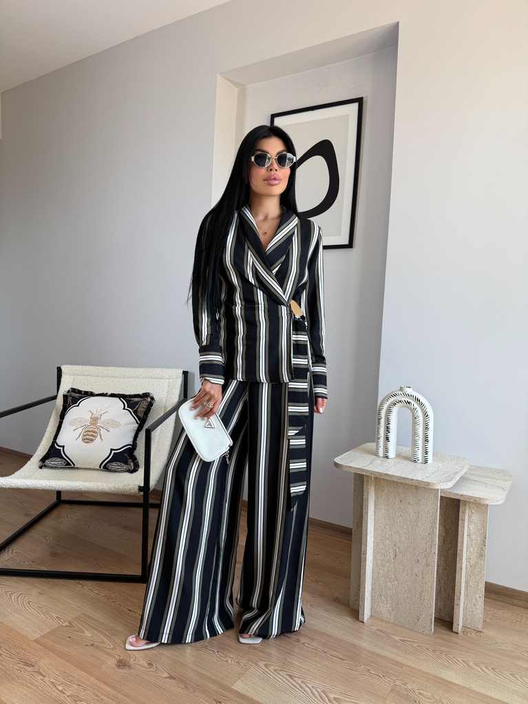 ZRA MODEL ÇİZGİLİ KRUVAZE CEKET PALAZZO TAKIM 