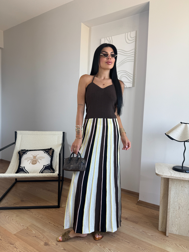 ZRA MODEL KAHVERENGİ ÇİZGİLİ TRİKO ELBİSE 