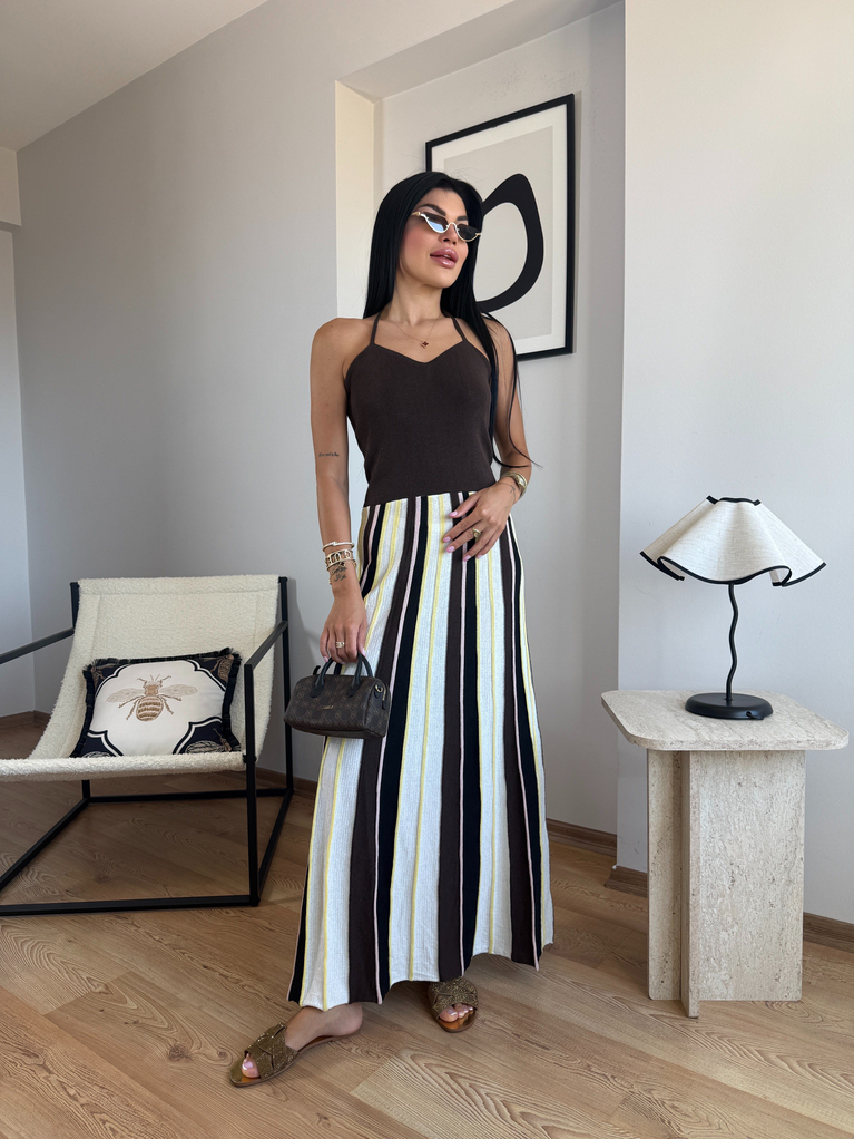 ZRA MODEL KAHVERENGİ ÇİZGİLİ TRİKO ELBİSE 