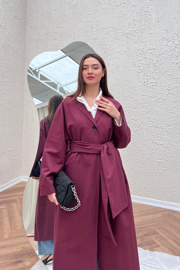 Atkı Detaylı Trençkot - BORDO