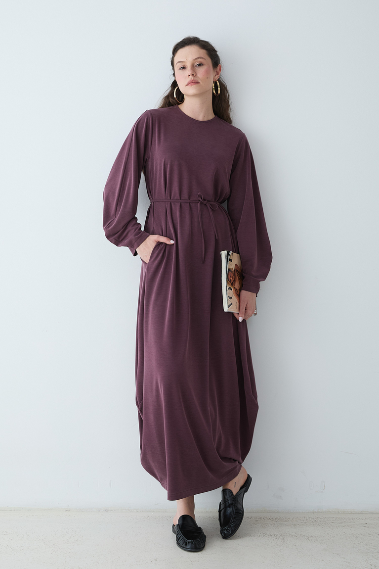 Beli Büzgülü Elbise - MÜRDÜM