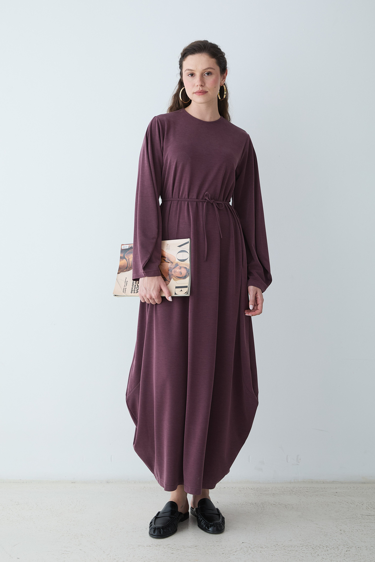 Beli Büzgülü Elbise - MÜRDÜM