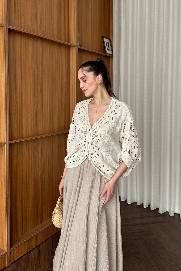 Brode İşlemeli Kimono - BEJ