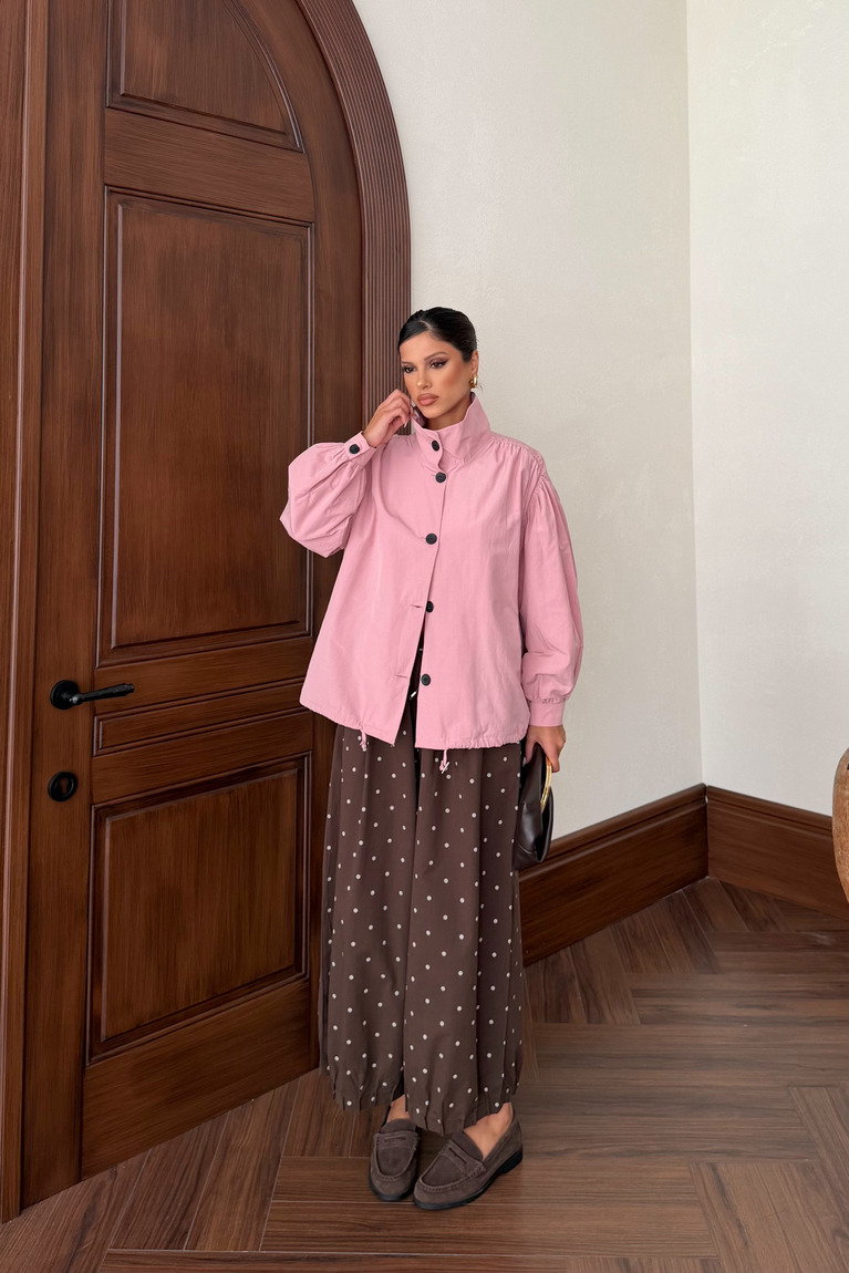 Büzgülü Yaka Bomber Ceket - PEMBE