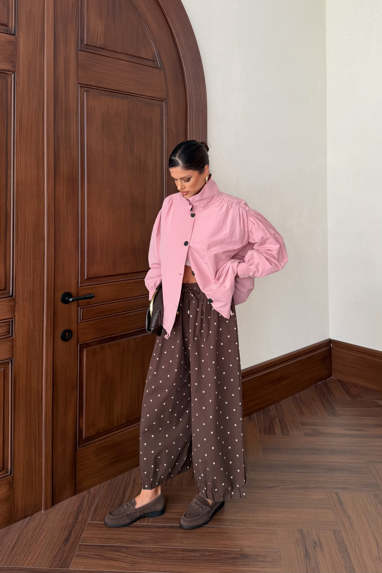 Büzgülü Yaka Bomber Ceket - PEMBE