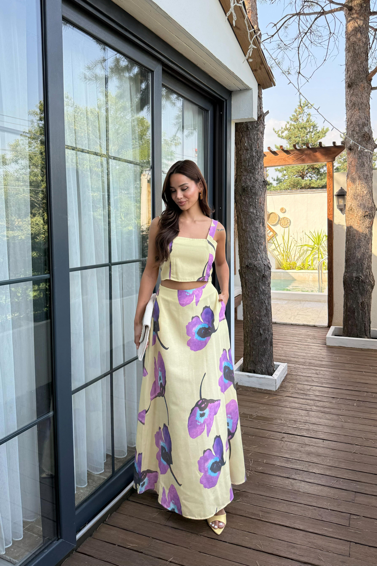 Çiçek Desenli Keten Crop Etek Takım - SARI