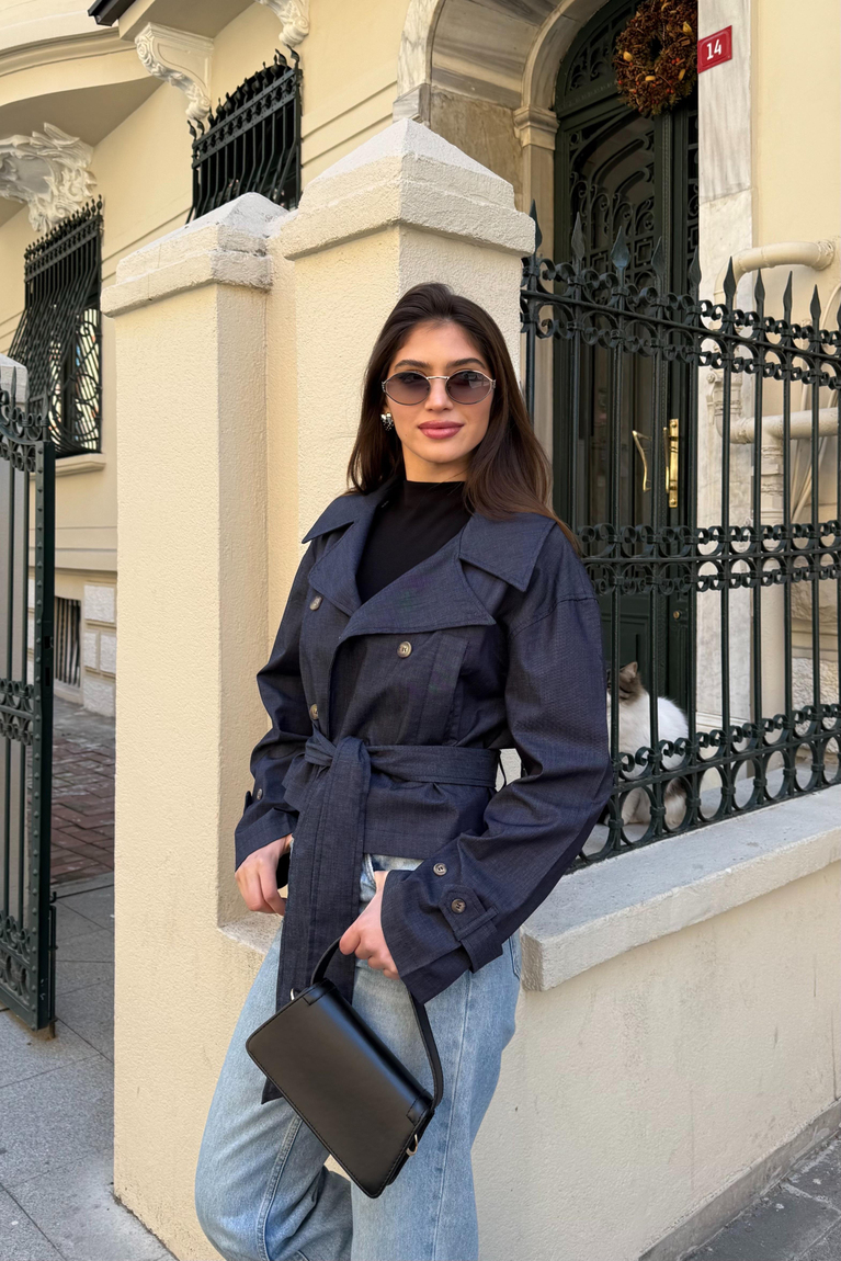 Denim Kısa Trençkot - LACİVERT