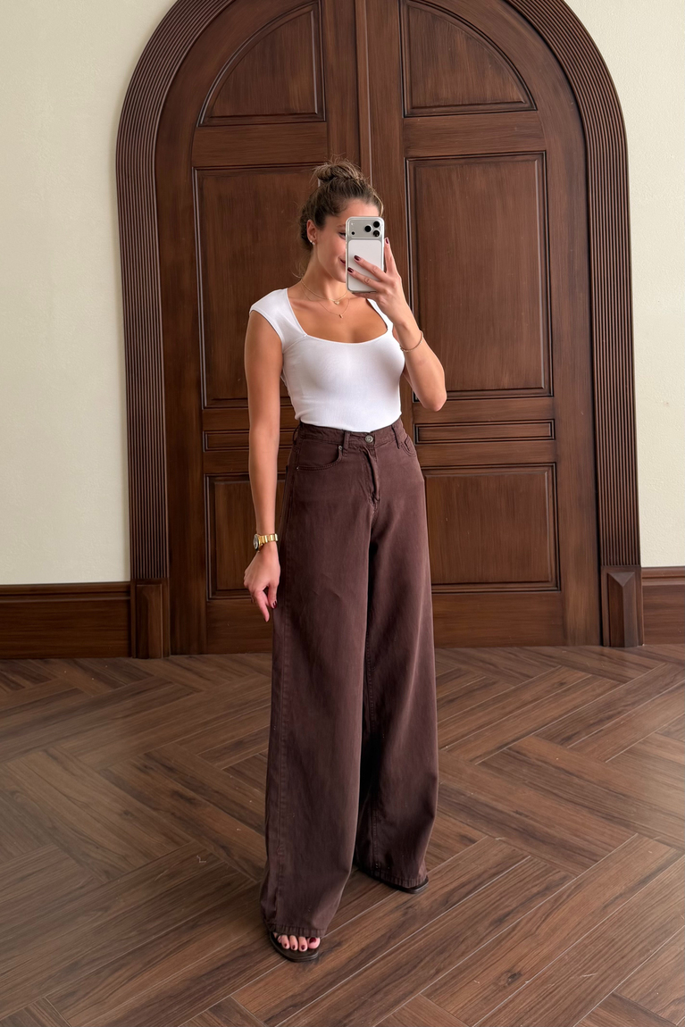Denim Tensel Palazzo Pantolon - KAHVE