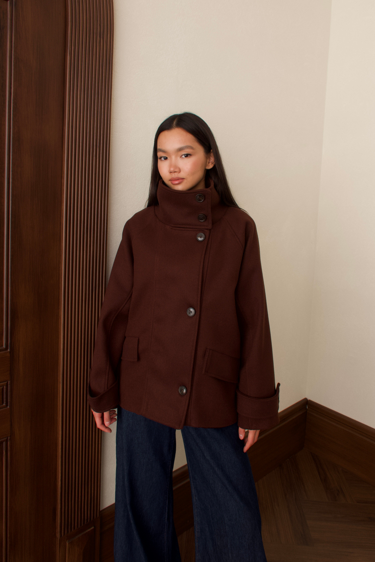 Dik Yaka Düğmeli Kaban - KAHVE