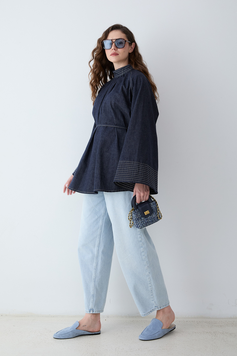 Dikiş Detaylı Denim Gömlek - LACİVERT