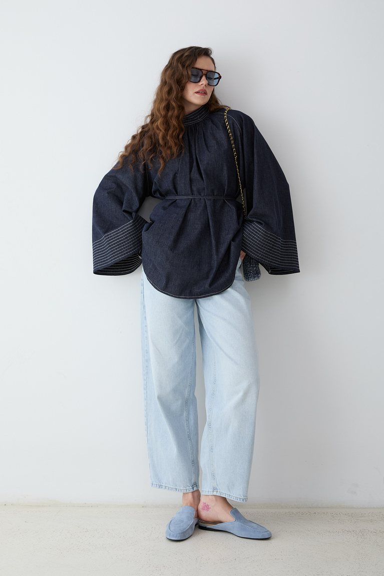 Dikiş Detaylı Denim Gömlek - LACİVERT