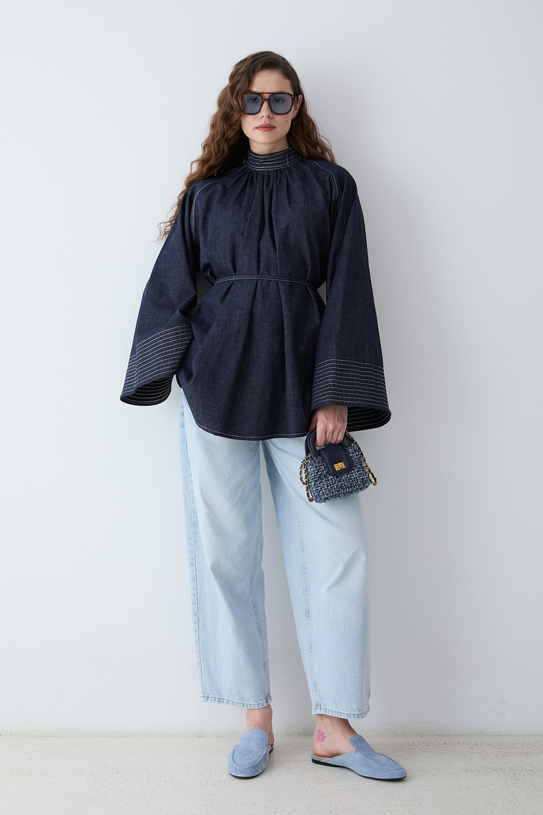 Dikiş Detaylı Denim Gömlek - LACİVERT