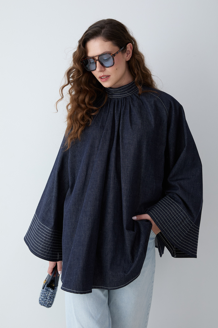 Dikiş Detaylı Denim Gömlek - LACİVERT
