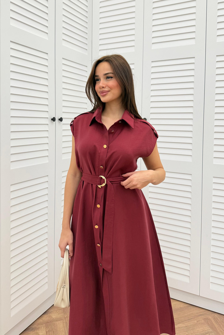 Düğmeli Sıfır Kol Elbise - BORDO