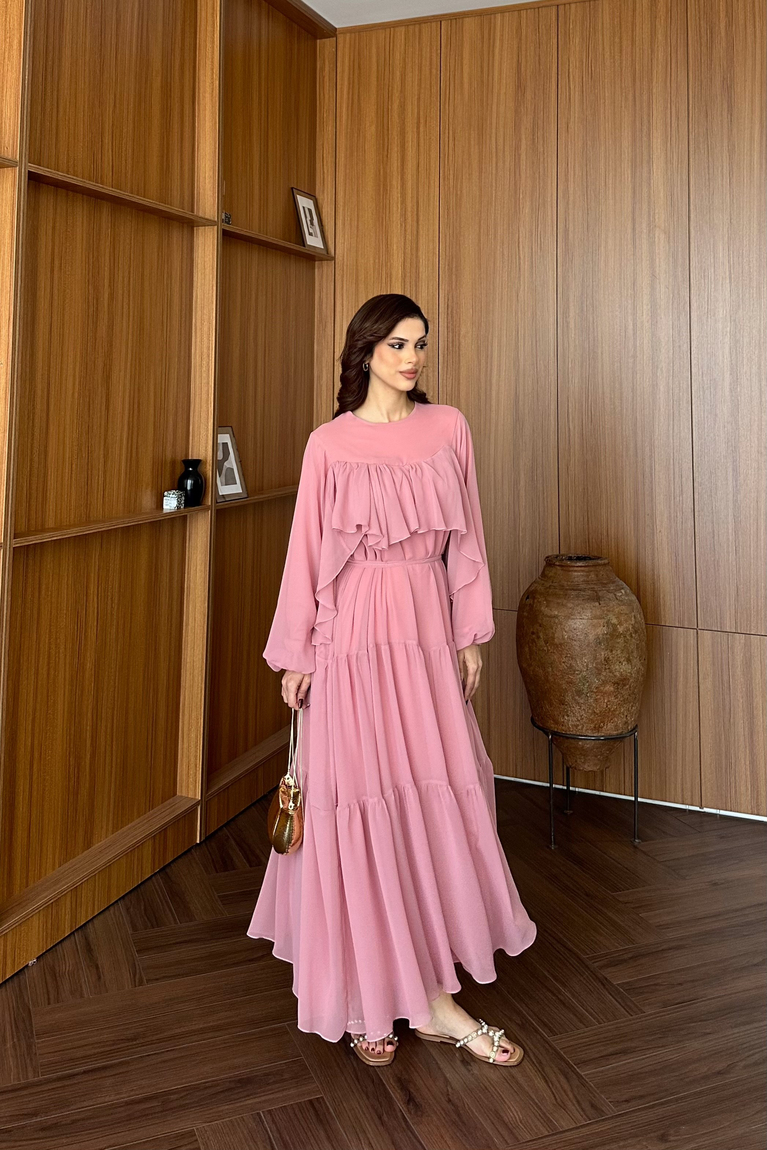 Fırfır Detaylı Elbise - PEMBE