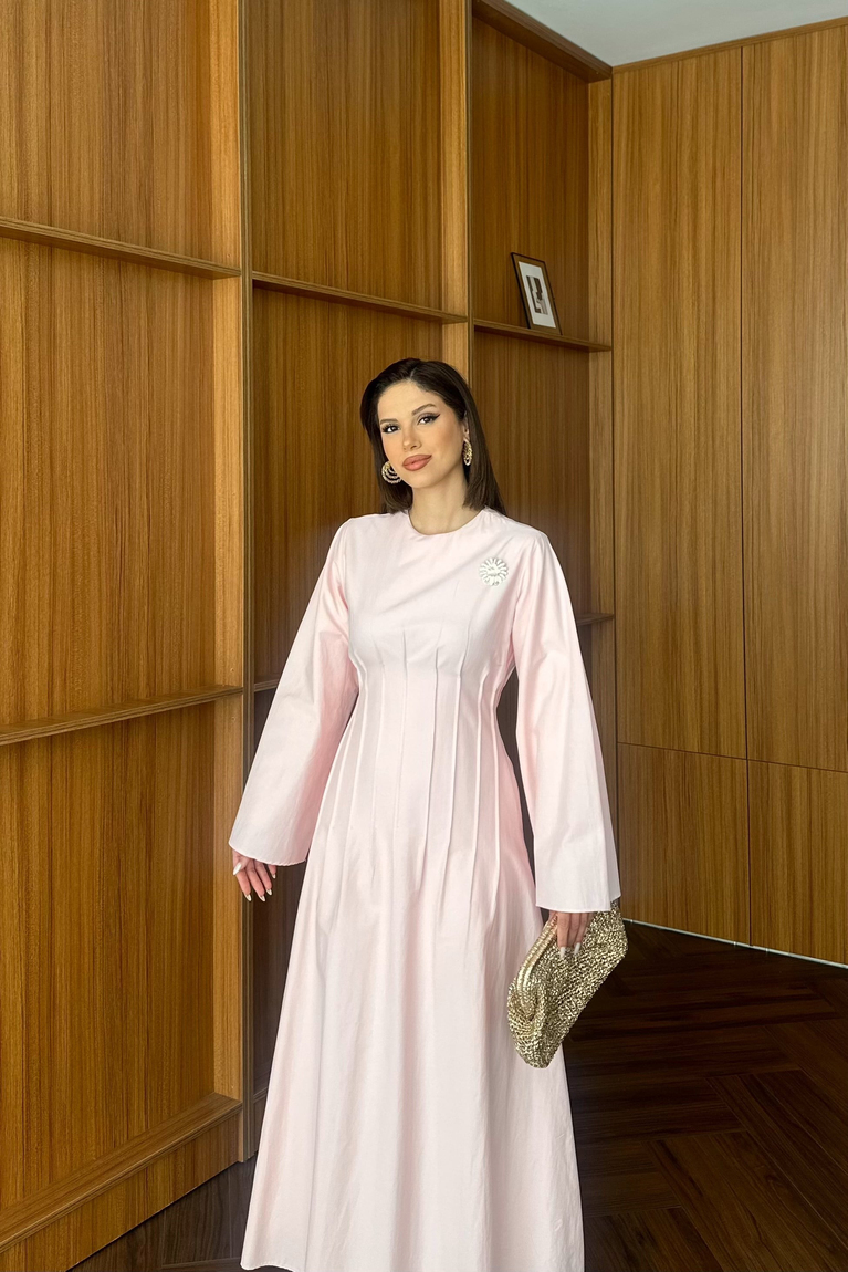 Gold Aksesuarlı Poplin Elbise - PEMBE